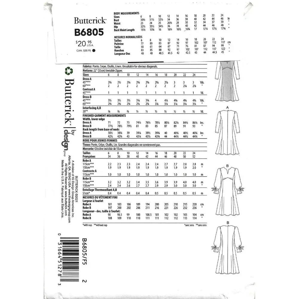 Butterick B6805 Womens‎ Dress Sewing Pattern Sizes 6-14 A-Line  Design